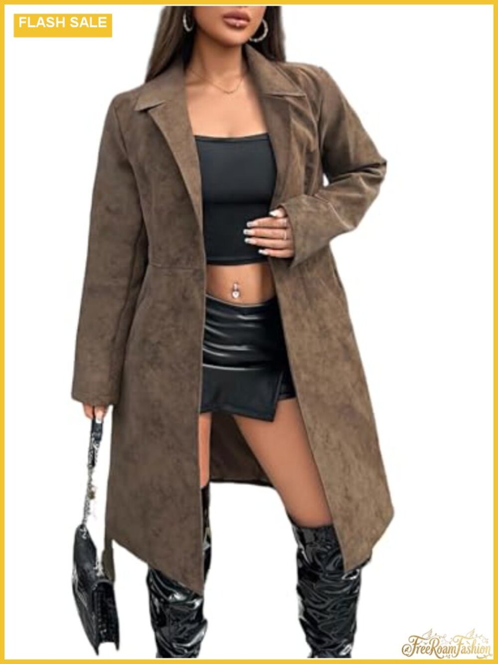 Womens Suede Long Trench Coat Faux Leather Belted Overcoat Lapel Collar